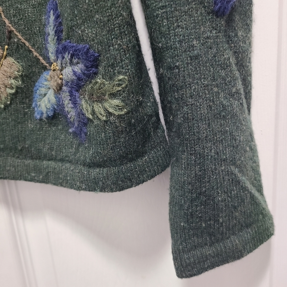 Talbots Floral Embroidered Lambswool Blend Vintage‎ Green Cardigan Large - Picture 9 of 16